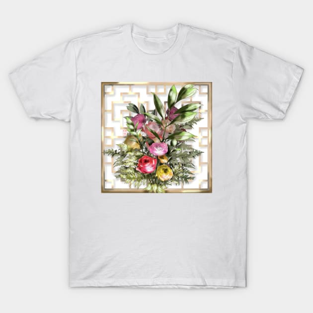 Pretty watercolor and ink roses with a chinese lattice T-Shirt by cuisinecat